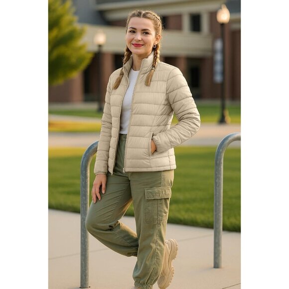 Women's Puffer Jacket Hood 32 Degree Quilted Winter Puff Foldable Jacket Beige - Picture 2 of 7